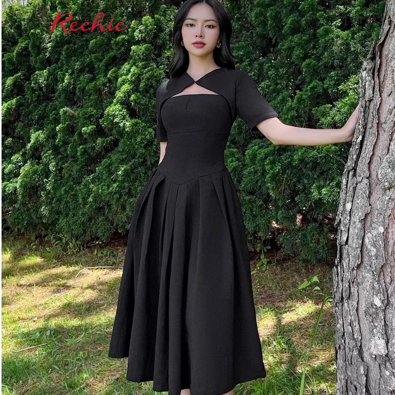 RECHIC Đầm dài Maline tay ngắn cổ cách điệu váy xoè xếp ly thanh lịch