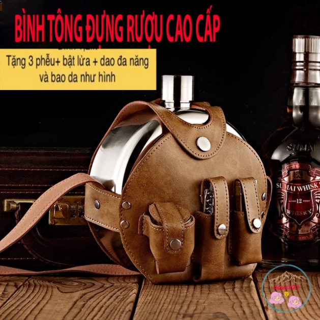 Bình tông 1.2L đựng rượu inox tròn túi da CCCP 42oz -1,2 lít, tặng kèm 5 món quà theo bộ cực chất