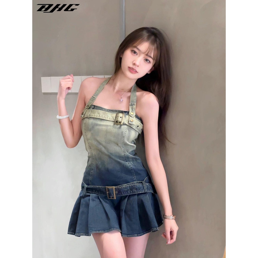 Đầm denim ngắn BJHG WAVW xếp ly ôm dáng màu gradient mẫu mới 2023 phong cách mỹ cho nữ
