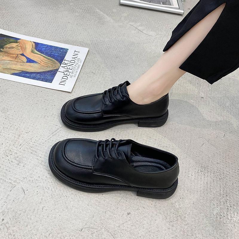 Giày Da Mềm Đế Bằng Cột Dây Màu Đen Phong Cách Anh Quốc Thời Trang Mùa Hè Cho Nữ