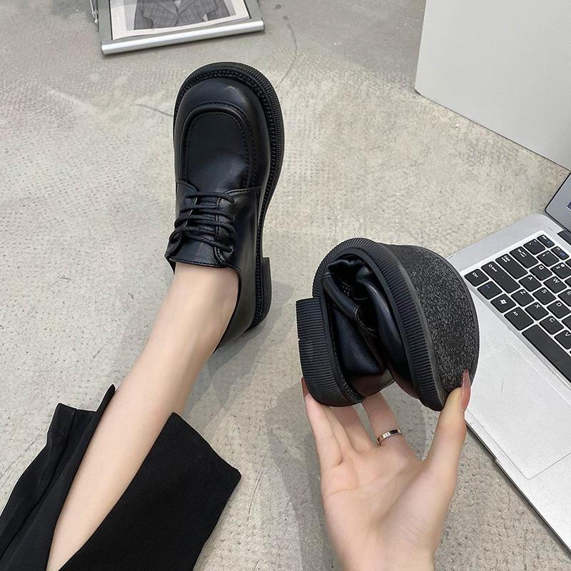 Giày Da Mềm Đế Bằng Cột Dây Màu Đen Phong Cách Anh Quốc Thời Trang Mùa Hè Cho Nữ