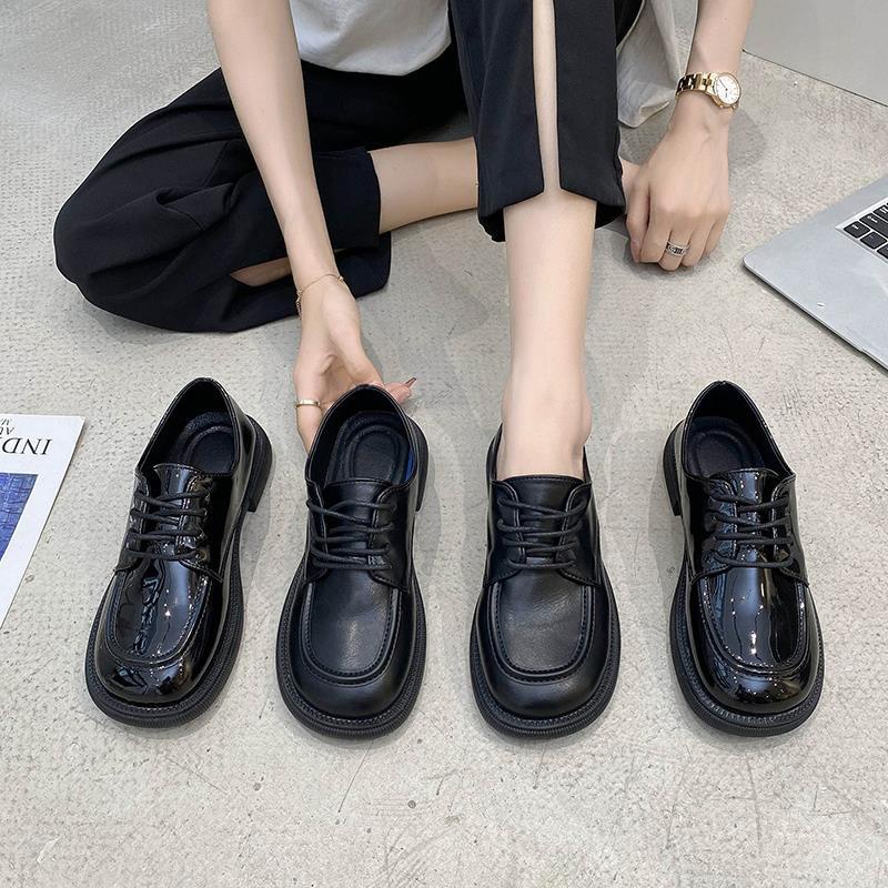 Giày Da Mềm Đế Bằng Cột Dây Màu Đen Phong Cách Anh Quốc Thời Trang Mùa Hè Cho Nữ