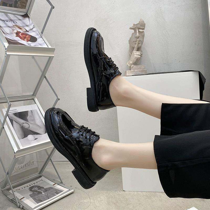 Giày Da Mềm Đế Bằng Cột Dây Màu Đen Phong Cách Anh Quốc Thời Trang Mùa Hè Cho Nữ