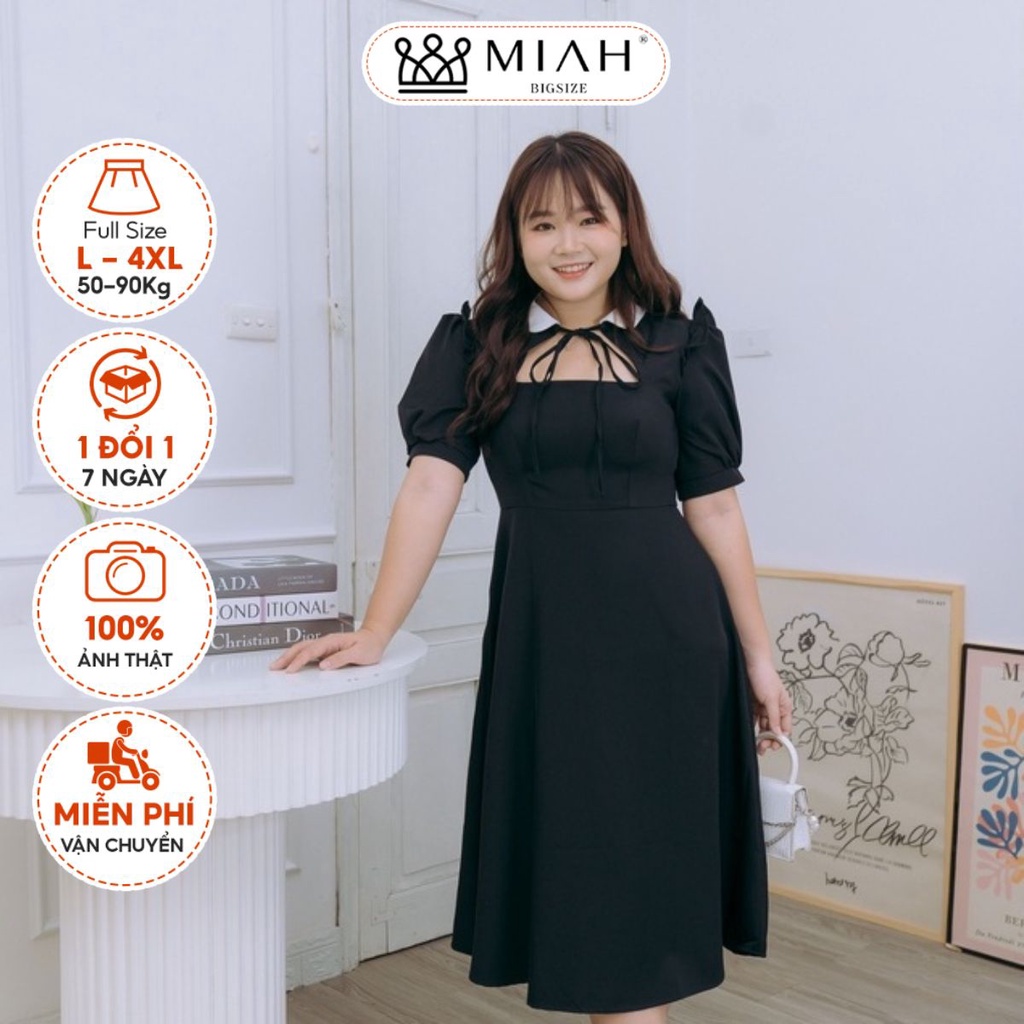 Đầm bigsize nữ váy thiết kế Keto dáng dài đen tay lỡ phối cổ trắng form chữ A dự tiệc đi chơi MIAH BIGSIZE DA0011