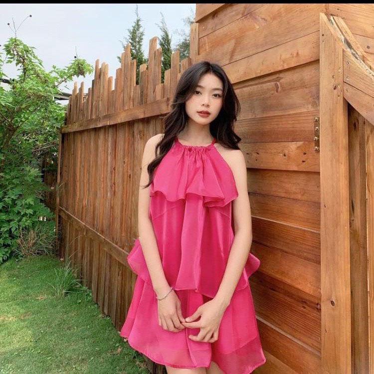 M434 - Đầm cổ yếm tơ dáng xòe tầng hai lớp bồng bềnh, váy cổ yếm