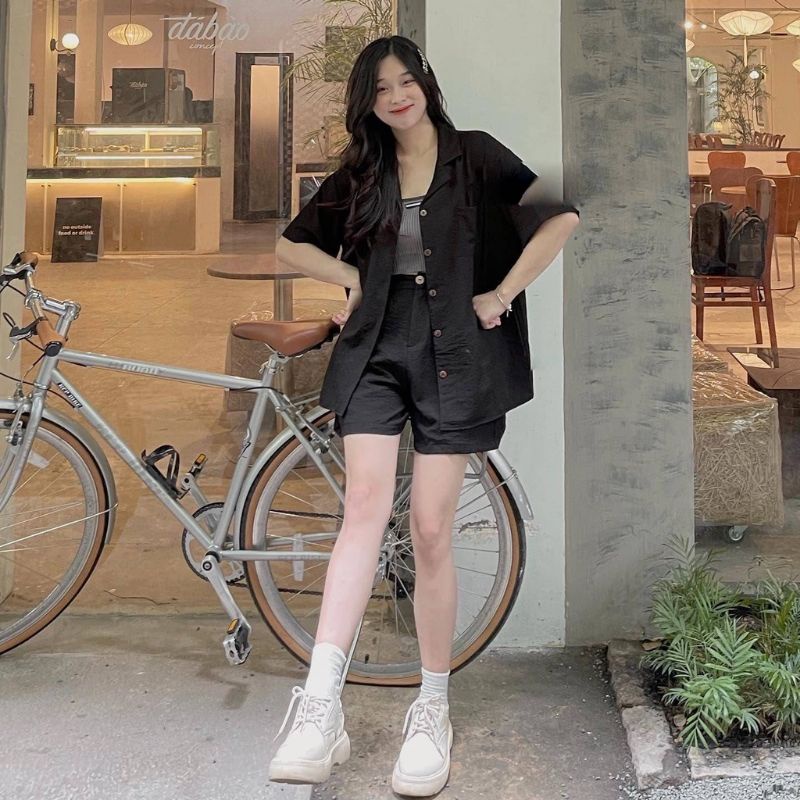 Set bộ đùi 2 món áo sơ mi cổ vest chất đũi xược cao cấp phối quần short bigsize 60-100kg, SET BỘ ĐỒ NỮ ĐI CHƠI, DẠO PHỐ