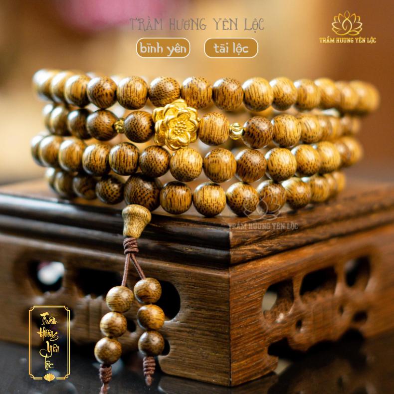 Vòng Tay Trầm Hương 108 Hạt Mix Hoa Sen Vàng  - Vòng tay mùi thơm dịu nhẹ, thoải mái