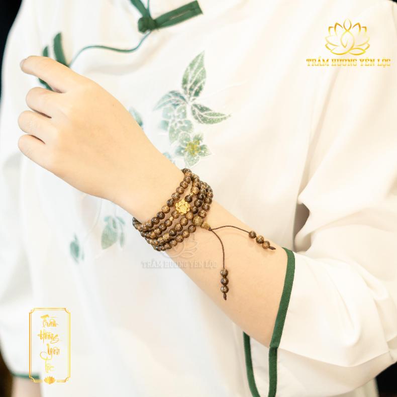 Vòng Tay Trầm Hương 108 Hạt Mix Hoa Sen Vàng  - Vòng tay mùi thơm dịu nhẹ, thoải mái