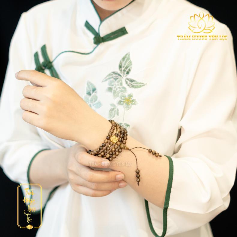 Vòng Tay Trầm Hương 108 Hạt Mix Hoa Sen Vàng  - Vòng tay mùi thơm dịu nhẹ, thoải mái