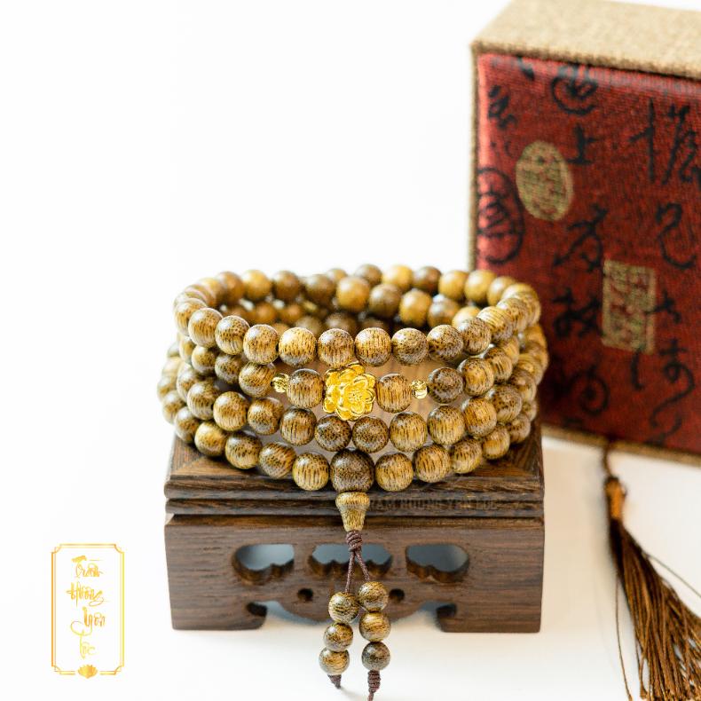 Vòng Tay Trầm Hương 108 Hạt Mix Hoa Sen Vàng  - Vòng tay mùi thơm dịu nhẹ, thoải mái