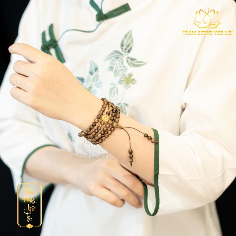 Vòng Tay Trầm Hương 108 Hạt Mix Hoa Sen Vàng  - Vòng tay mùi thơm dịu nhẹ, thoải mái