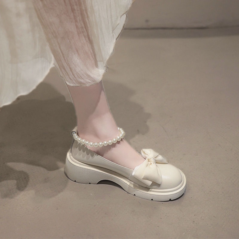 Giày Da Đế Mềm Nhẹ Đính Nơ Phối Khóa Ngọc Trai Thời Trang Cho Nữ