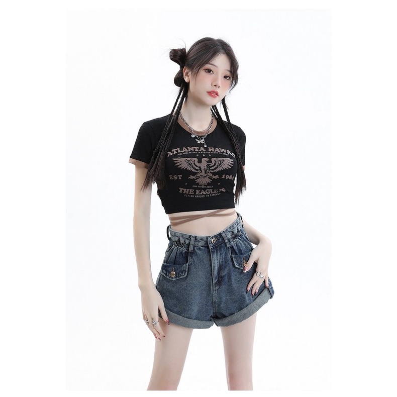 Quần Short Denim Dáng Chữ a Ống Rộng Lưng Cao Phong Cách Retro Mỹ Dành Cho Nữ Có Size Lớn