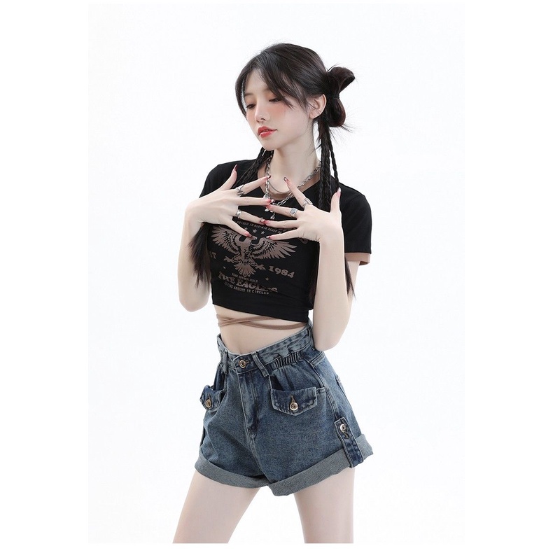 Quần Short Denim Dáng Chữ a Ống Rộng Lưng Cao Phong Cách Retro Mỹ Dành Cho Nữ Có Size Lớn