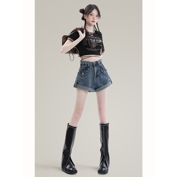 Quần Short Denim Dáng Chữ a Ống Rộng Lưng Cao Phong Cách Retro Mỹ Dành Cho Nữ Có Size Lớn