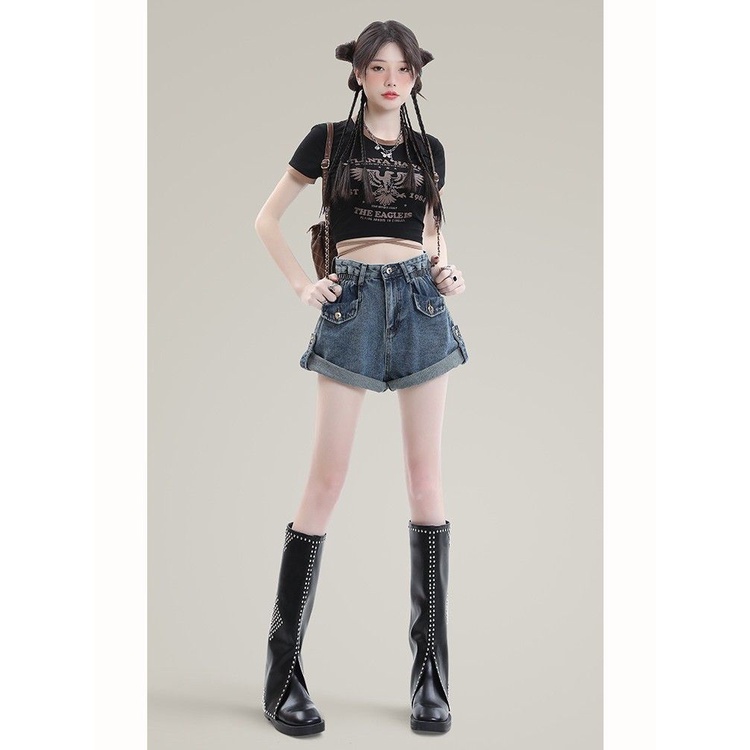 Quần Short Denim Dáng Chữ a Ống Rộng Lưng Cao Phong Cách Retro Mỹ Dành Cho Nữ Có Size Lớn