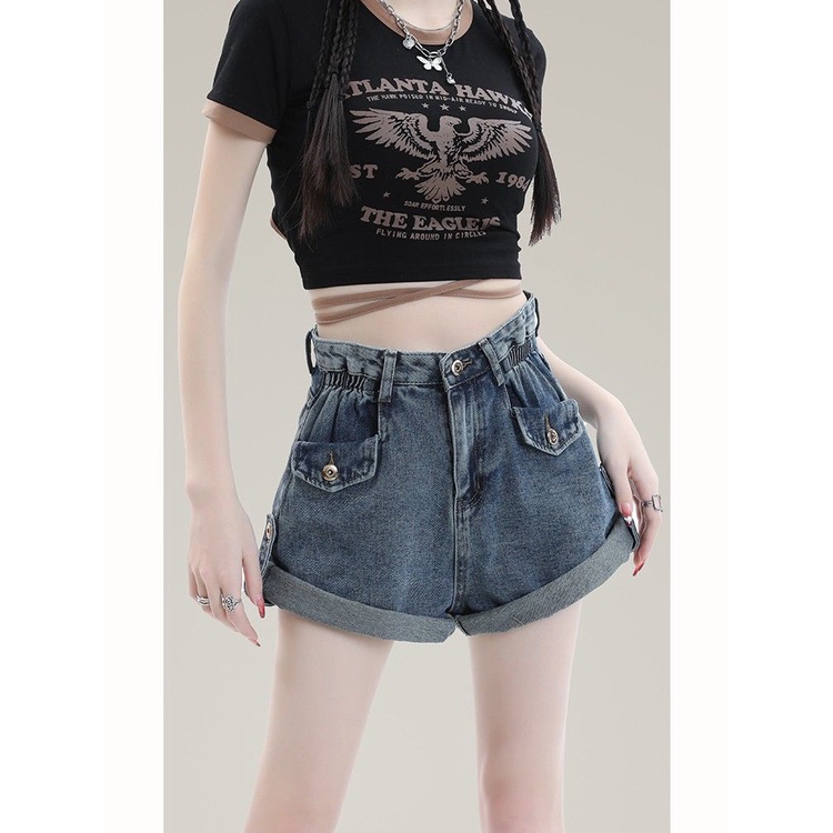 Quần Short Denim Dáng Chữ a Ống Rộng Lưng Cao Phong Cách Retro Mỹ Dành Cho Nữ Có Size Lớn