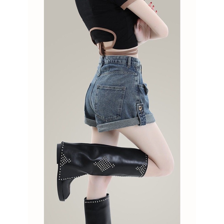 Quần Short Denim Dáng Chữ a Ống Rộng Lưng Cao Phong Cách Retro Mỹ Dành Cho Nữ Có Size Lớn