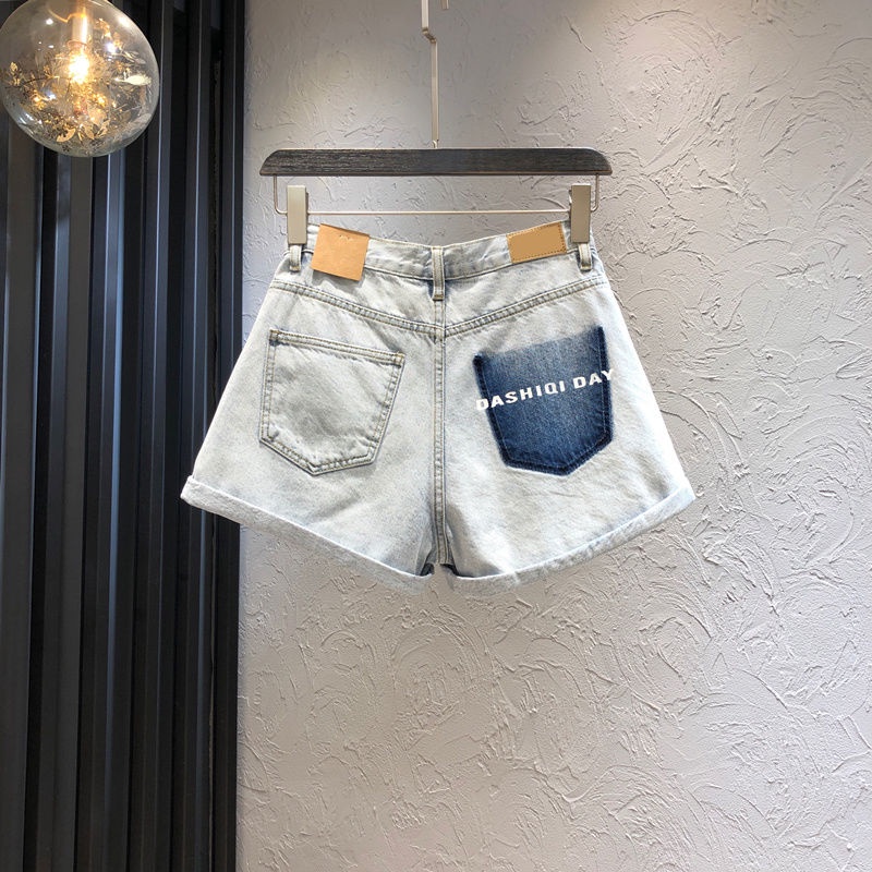 Quần Short Denim Dáng Chữ a Ống Rộng Lưng Cao Màu Tương Phản Cỡ Lớn Thời Trang Mới Cho Nữ