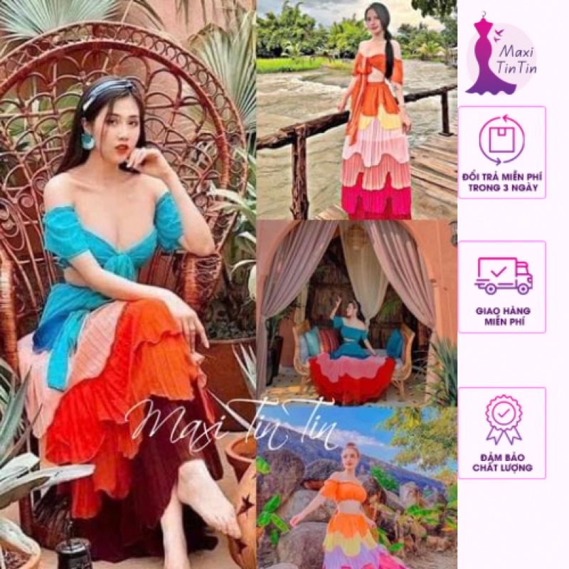 Set Đầm Váy Maxi Đi Biển Tầng Dập Ly Phối Màu Phong Cách BoHo Sành Điệu-MaxiTinTin