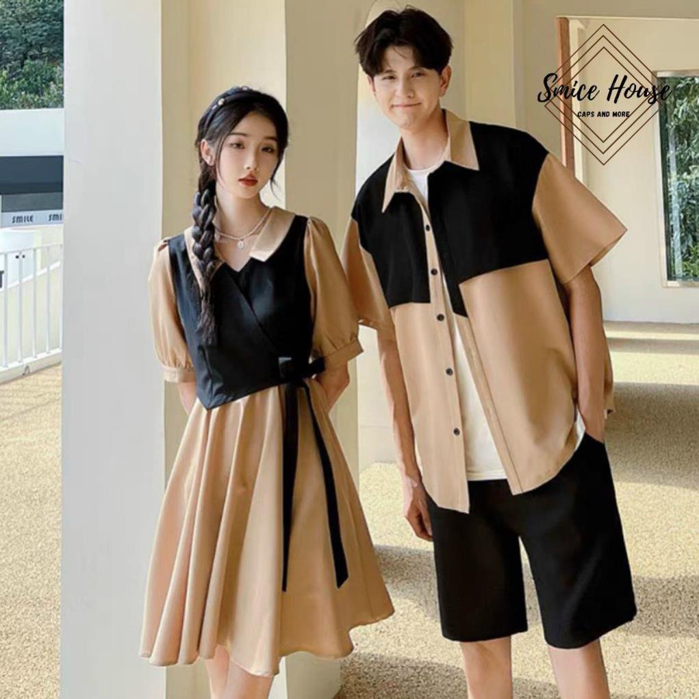 Set áo đầm đôi sơ mi Hàn Quốc và đầm xòe dành cho couple tình nhân