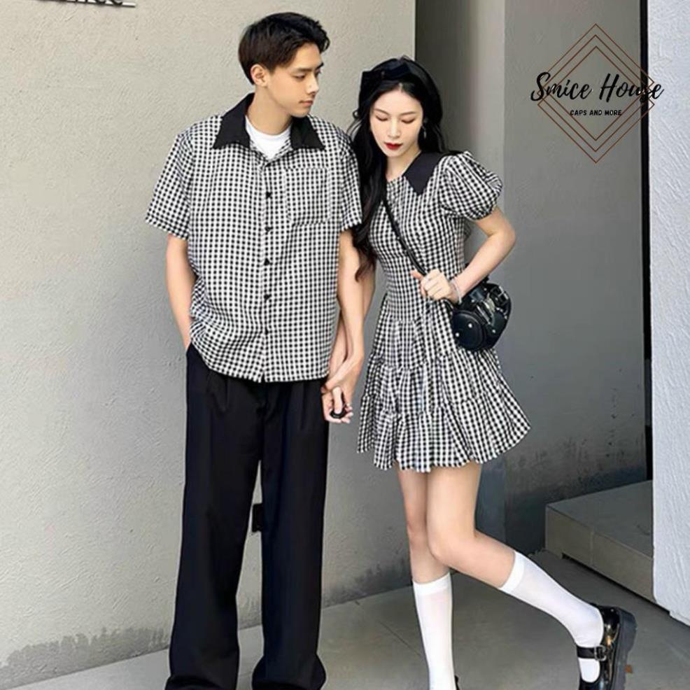 Set áo đầm đôi sơ mi dáng xòe họa tiết caro dành cho couple tình nhân