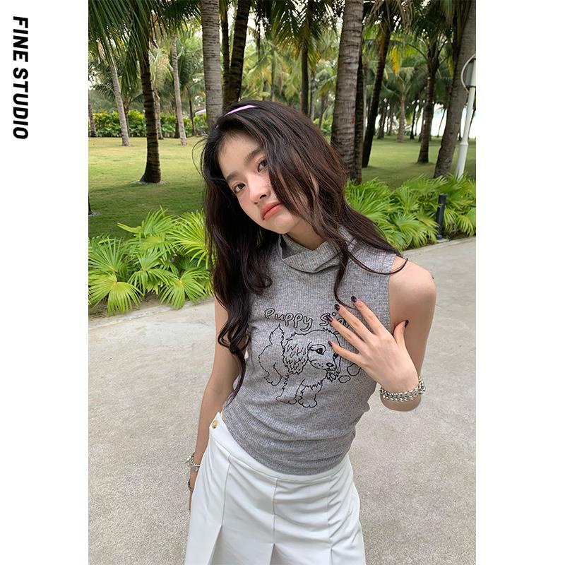 Áo Thun Dệt Kim Không Tay Cổ Cao Co Giãn In Họa Tiết Chó Con Thời Trang Xuân Hè Dành Cho Nữ