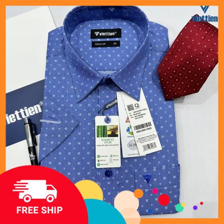 Áo sơ mi cộc tay Việt Tiến xanh chấm họa tiết 1Q6307 có size lớn -100% CHÍNH HÃNG CHÍNH HÃNG 100%