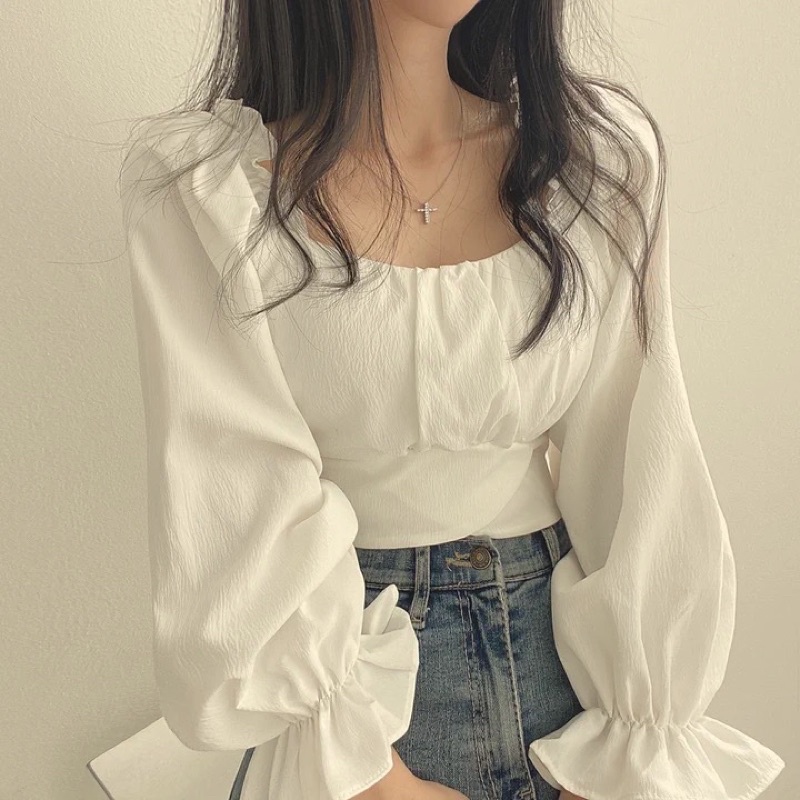 Áo kiểu bo chun thắt nơ eo dáng ngắn croptop mặc được trễ vai giá học sinh sinh viên