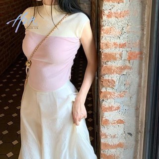 Áo Thun Tay Ngắn Cổ Cao Hở Vai Màu Sắc Tương Phản Thời Trang Mùa Hè Dành Cho Nữ