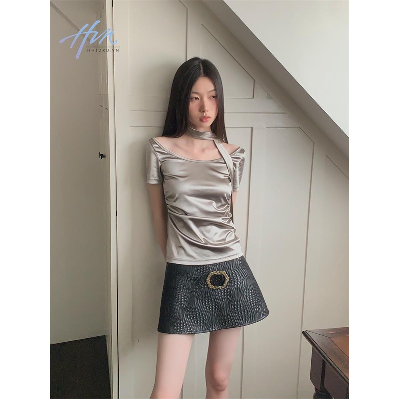 Áo Thun Ba Lê Tay Ngắn Hở Vai Màu Bạc Sáng Kiểu Âu Mỹ y2k Millennium Ngọt Ngào Thời Trang Xuân Hè Cho Nữ