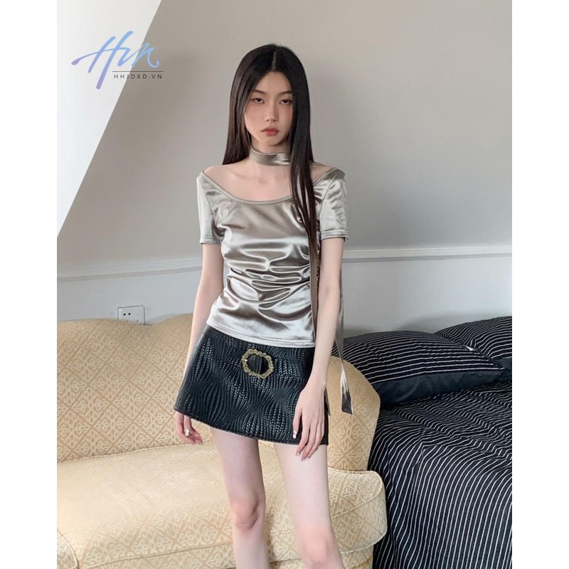 Áo Thun Ba Lê Tay Ngắn Hở Vai Màu Bạc Sáng Kiểu Âu Mỹ y2k Millennium Ngọt Ngào Thời Trang Xuân Hè Cho Nữ