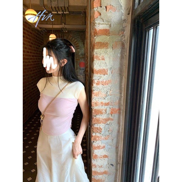 Áo Thun Tay Ngắn Cổ Cao Hở Vai Màu Sắc Tương Phản Thời Trang Mùa Hè Dành Cho Nữ