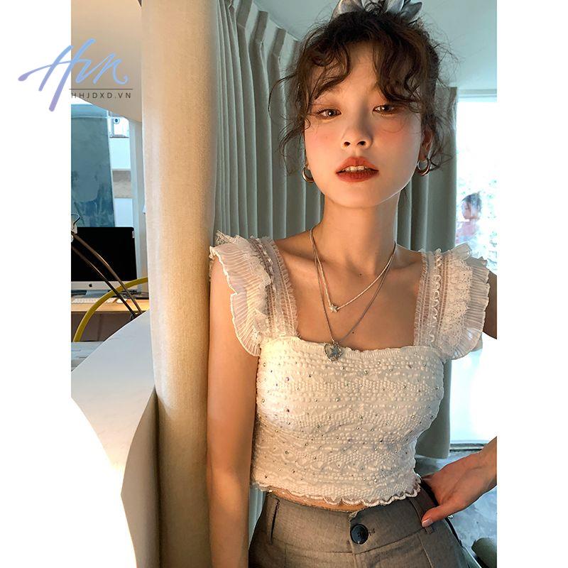 Áo Hai Dây Cổ Vuông Phối Ren Màu Trơn Phong Cách Pháp Thời Trang Mùa Hè Mới Cho Nữ