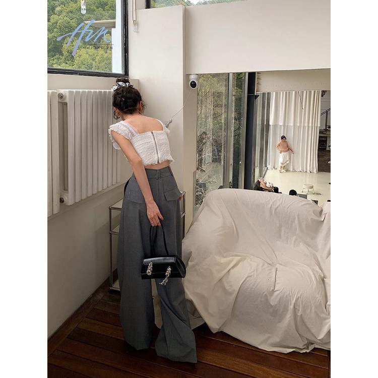 Áo Hai Dây Cổ Vuông Phối Ren Màu Trơn Phong Cách Pháp Thời Trang Mùa Hè Mới Cho Nữ