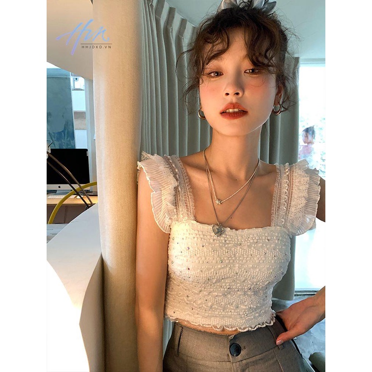 Áo Hai Dây Cổ Vuông Phối Ren Màu Trơn Phong Cách Pháp Thời Trang Mùa Hè Mới Cho Nữ