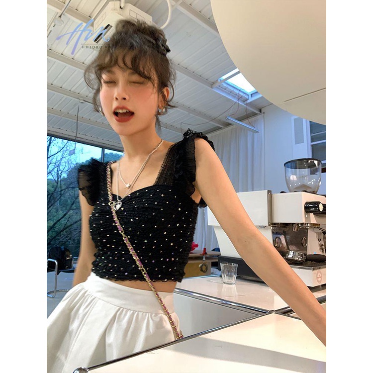 Áo Hai Dây Cổ Vuông Phối Ren Màu Trơn Phong Cách Pháp Thời Trang Mùa Hè Mới Cho Nữ