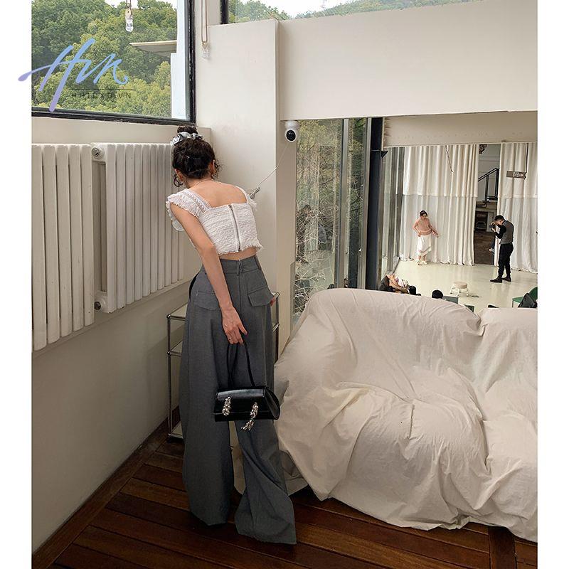 Áo Hai Dây Cổ Vuông Phối Ren Màu Trơn Phong Cách Pháp Thời Trang Mùa Hè Mới Cho Nữ