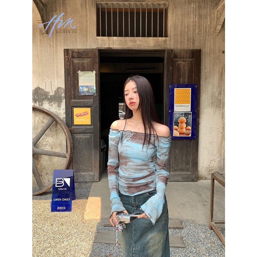 Áo Thun Tay Dài Lệch Vai Màu Nhuộm Phong Cách Pháp Thời Trang Mùa Hè Cho Nữ