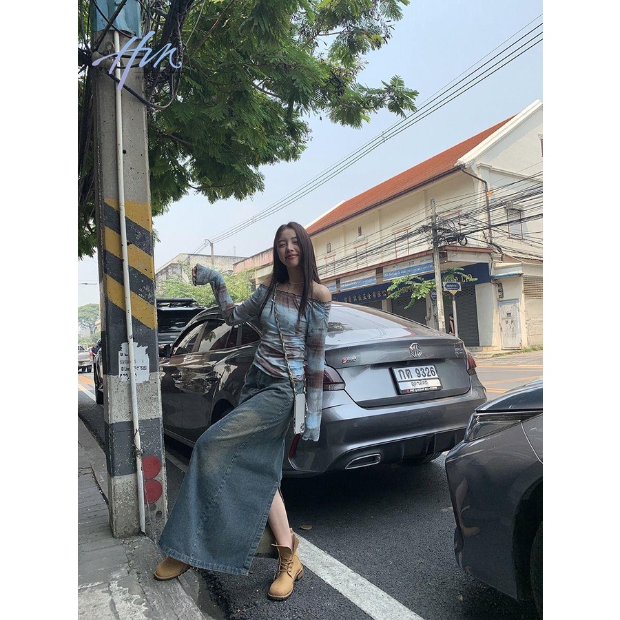 Áo Thun Tay Dài Lệch Vai Màu Nhuộm Phong Cách Pháp Thời Trang Mùa Hè Cho Nữ