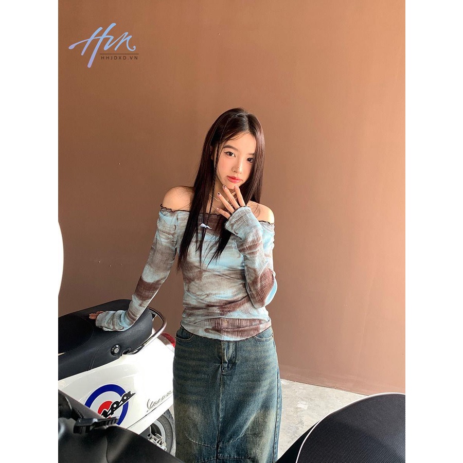 Áo Thun Tay Dài Lệch Vai Màu Nhuộm Phong Cách Pháp Thời Trang Mùa Hè Cho Nữ