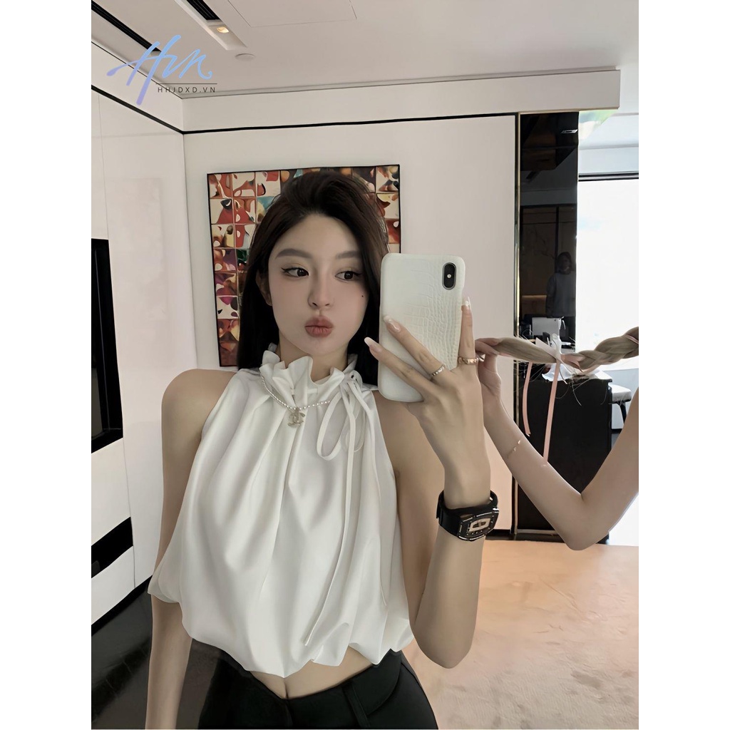 Áo Hai Dây Rút Dây Màu Trơn Phong Cách Pháp Thời Trang Xuân Hè Cho Nữ