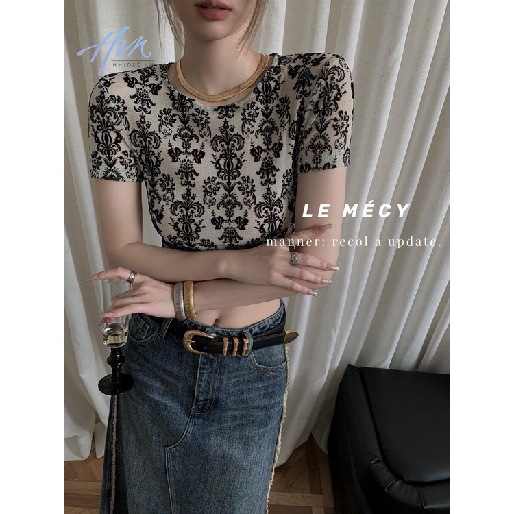 Áo Thun Ngắn Mỏng Vừa Vặn Mùa Hè In Họa Tiết Cổ Điển Phong Cách Mỹ Cho Nữ