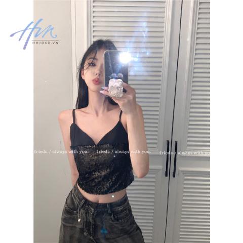 Áo Hai Dây Cổ Chữ v Đính Kim Sa Màu Đen Thời Trang Mùa Hè Ngọt Ngào Cho Nữ