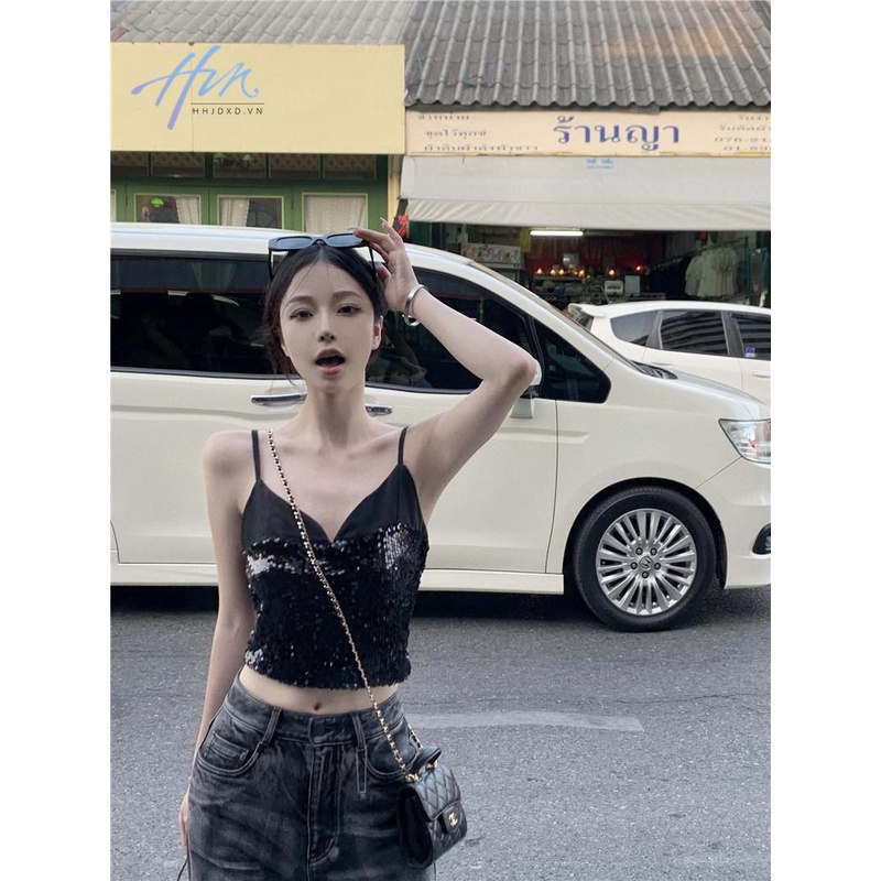 Áo Hai Dây Cổ Chữ v Đính Kim Sa Màu Đen Thời Trang Mùa Hè Ngọt Ngào Cho Nữ