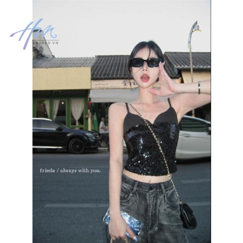 Áo Hai Dây Cổ Chữ v Đính Kim Sa Màu Đen Thời Trang Mùa Hè Ngọt Ngào Cho Nữ