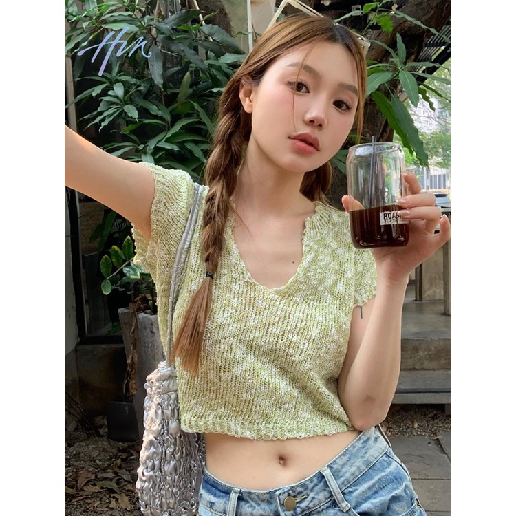 Áo Thun Dệt Kim Tay Ngắn Cổ Chữ V Thiết Kế Mới Phong Cách Retro Dành Cho Nữ