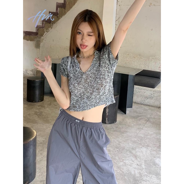 Áo Thun Dệt Kim Tay Ngắn Cổ Chữ V Thiết Kế Mới Phong Cách Retro Dành Cho Nữ