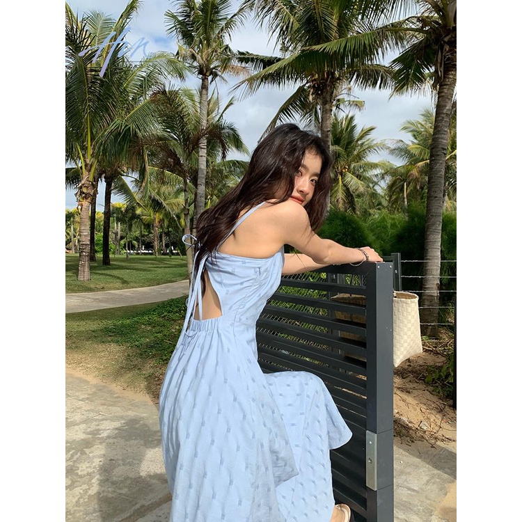 Đầm Dài Dáng Chữ A Màu Xanh Dương Thiết Kế Dây Thắt Lưng Xinh Xắn Thời Trang Đi Biển Cho