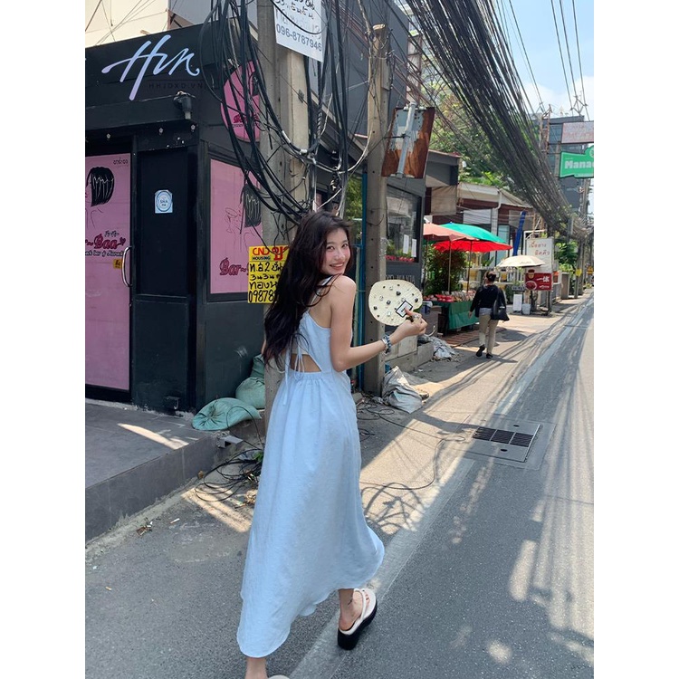 Đầm Dài Dáng Chữ A Màu Xanh Dương Thiết Kế Dây Thắt Lưng Xinh Xắn Thời Trang Đi Biển Cho